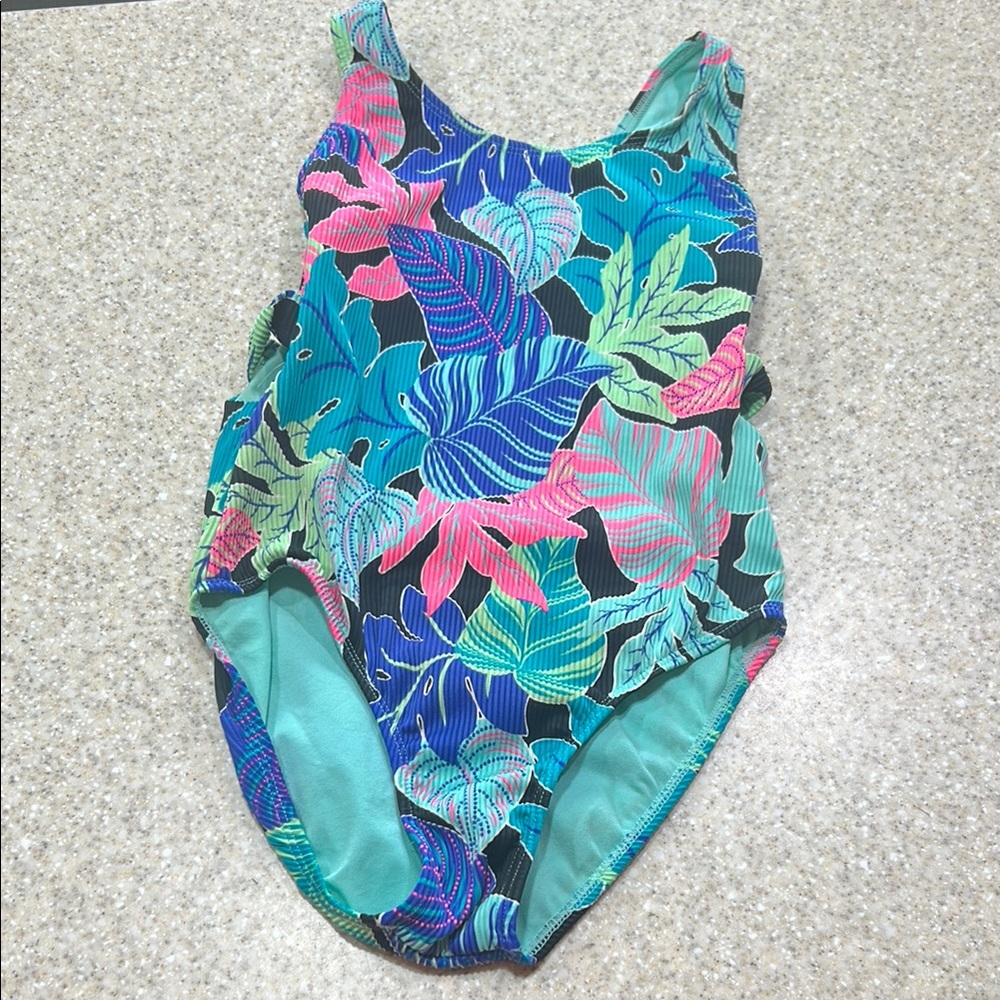 Girls 10-12 one piece swimsuit neon leaves